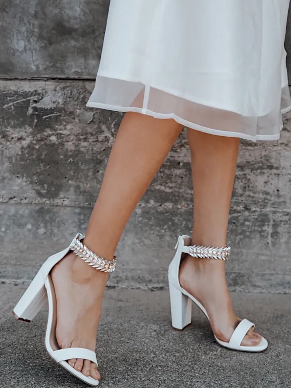 Lulu's White Block Heel Sandals with Braided Chain Ankle Strap